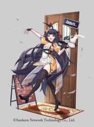 Rule 34 | 1girl, absurdres, ahoge, apron, arm up, black gloves, blue eyes, breasts, chunrijun (springer), cleavage, commentary request, door, dress, fingerless gloves, food, full body, girls&#039; frontline, girls&#039; frontline neural cloud, gloves, grey background, high heels, highres, holding, holding money, holding tray, long hair, looking at viewer, money, official art, open mouth, pastry, pitcher (container), puffy sleeves, purple hair, russian text, short sleeves, sign, skindentation, small breasts, smile, solo, spilling, stechkin (girls&#039; frontline), thighhighs, thighs, translated, tray, very long hair, waitress, walking, white apron, yellow dress