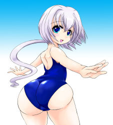 Rule 34 | 1girl, ass, bad id, bad pixiv id, blue eyes, female focus, from behind, gradient background, huge ass, long hair, looking back, me key cool!, one-piece swimsuit, otomedius, outstretched arms, poini coon, ponytail, school swimsuit, silver hair, solo, spread arms, swimsuit