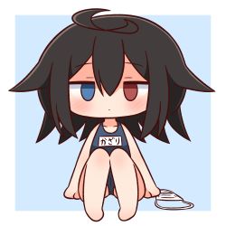 Rule 34 | 1girl, ahoge, bare arms, bare legs, bare shoulders, barefoot, black hair, blue background, blue eyes, blue one-piece swimsuit, blush, closed mouth, collarbone, empty eyes, eyepatch, unworn eyepatch, hair between eyes, hana kazari, heterochromia, highres, knees up, long hair, looking at viewer, medical eyepatch, name tag, one-piece swimsuit, original, red eyes, school swimsuit, sitting, solo, swimsuit, translation request, two-tone background, white background