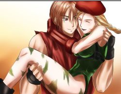 Rule 34 | 1boy, 1girl, artist request, blush, cammy white, carrying, chest harness, gradient background, harness, holding, hug, ken masters, long hair, orange background, self-upload, smile, source request, street fighter