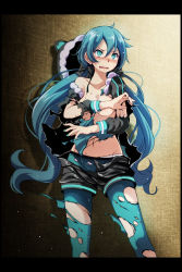 Rule 34 | 1girl, ahoge, aqua eyes, aqua hair, aqua nails, bare shoulders, black border, black bow, black jacket, black shorts, blue pantyhose, blush, border, bow, breasts, breasts out, collarbone, commentary request, covering privates, covering breasts, feet out of frame, fur-trimmed hood, fur trim, fur trimm, green ponpoko (module), groin, hair bow, hatsune miku, highres, hood, hood down, jacket, kunoichi demo koi ga shitai (vocaloid), legs apart, pantyhose under shorts, long hair, long sleeves, looking at viewer, low twintails, nail polish, navel, nipples, no bra, nose blush, open mouth, panties, panties under pantyhose, pantyhose, project diva (series), shirt, shorts, small breasts, solo, standing, sweat, torn clothes, torn jacket, torn pantyhose, torn shirt, torn shorts, tsukishiro saika, twintails, underwear, v-shaped eyebrows, very long hair, vocaloid, white panties