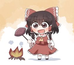 Rule 34 | 1girl, ascot, bare shoulders, black footwear, black hair, blush, bonfire, bow, brown eyes, detached sleeves, drooling, fire, food, full body, hair between eyes, hair bow, hair tubes, hakurei reimu, holding, japanese clothes, long hair, nontraditional miko, open mouth, red bow, red skirt, ribbon-trimmed sleeves, ribbon trim, rokugou daisuke, shoes, sidelocks, signature, skirt, smile, socks, solo, sweet potato, touhou, white sleeves, white socks, wide sleeves, yellow ascot