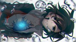 Rule 34 | 10s, 1boy, black hair, blood, blood on face, blue eyes, bubble, commentary request, darling in the franxx, him bj, hiro (darling in the franxx), looking at viewer, male focus, military, military uniform, necktie, open clothes, red necktie, scar, scar on chest, short hair, signature, solo, submerged, uniform