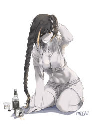 Rule 34 | 1girl, abs, alcohol, arm support, black hair, blonde hair, bottle, breasts, commentary, crop top, eyepatch, fpdlenl011, girls&#039; frontline, hand in own hair, highres, jack daniel&#039;s, limited palette, long braid, long hair, m16a1 (girls&#039; frontline), multicolored hair, short shorts, shorts, sitting, solo, streaked hair, sweat, tongue, tongue out, very long hair, wariza, whiskey, white background, yellow eyes