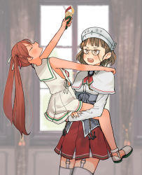 Rule 34 | 2girls, annin musou, blush, brown eyes, brown hair, capelet, dress, closed eyes, food, glasses, holding, holding food, ice cream, kantai collection, libeccio (kancolle), long hair, long sleeves, multiple girls, open mouth, pince-nez, red skirt, roma (kancolle), sailor collar, sailor shirt, shirt, short hair, skirt, sleeveless, sleeveless dress, thighhighs, twintails, white capelet, white dress, white legwear, white sailor collar, white shirt