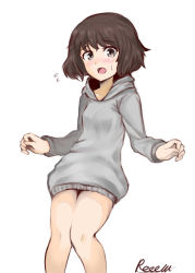 Rule 34 | 10s, 1girl, akiyama yukari, artist name, bad id, bad pixiv id, blush, brown eyes, brown hair, casual, commentary, dress, flying sweatdrops, frown, girls und panzer, grey dress, hako reeema, highres, hood, hooded dress, hoodie, long sleeves, looking at viewer, messy hair, open mouth, short hair, signature, simple background, solo, standing, sweatdrop, sweater, sweater dress, white background