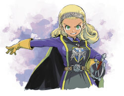 1girl anlucea belt black_cape blonde_hair breasts cape commentary_request curly_hair dragon_quest dragon_quest_x evil_grin evil_smile gloves green_eyes grin hair_pulled_back hairband hand_on_own_hip highres hilt long_hair looking_at_viewer medium_breasts muramasa_mikado purple_tunic rapier simple_background smile solo sword tunic two-sided_cape two-sided_fabric upper_body weapon white_background yellow_cape yellow_gloves