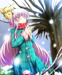 Rule 34 | 1girl, adapted costume, bare tree, desukingu, g (genesis1556), hata no kokoro, highres, long hair, long sleeves, mask, new mask of hope, open mouth, pink eyes, pink hair, plaid, plaid scarf, plaid shirt, scarf, shirt, skirt, snowing, solo, touhou, tree