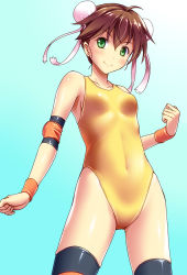 Rule 34 | 1girl, blush, boots, breasts, brown hair, bun cover, collarbone, digdug006, double bun, elbow pads, green background, green eyes, hair between eyes, kanamori reiko, leotard, looking at viewer, medium hair, sideboob, small breasts, solo, thigh boots, thighhighs, wrestle angels, wrestle angels survivor, wrestling outfit, wristband, yellow leotard