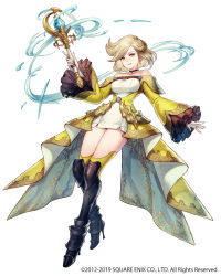 Rule 34 | 2012, 2019, arm at side, armored boots, black choker, black footwear, blonde hair, boots, bravely default: praying brage, bravely default (series), breasts, character request, choker, company name, copyright notice, crescent, crescent hair ornament, dress, earrings, gloves, hair ornament, hand up, high heels, highres, holding, holding wand, jewelry, knee boots, long sleeves, looking at viewer, magic, medium breasts, off-shoulder dress, off shoulder, official art, orange eyes, parted lips, satou kivi, short hair, simple background, stiletto heels, thighhighs, wand, white background, white gloves, yellow thighhighs