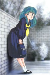 Rule 34 | 1980s (style), 1girl, against wall, black footwear, blue eyes, briefcase, cone horns, eyeshadow, green hair, highres, holding, holding briefcase, horns, long hair, long skirt, long sleeves, lum, makeup, mary janes, monochrome background, official art, oldschool, oni, open mouth, pleated skirt, pointy ears, retro artstyle, scan, school briefcase, school uniform, shoes, skirt, solo, standing, urusei yatsura