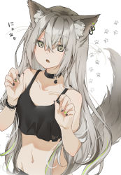 Rule 34 | 1girl, animal ear fluff, animal ears, bare arms, bare shoulders, black nails, bracelet, cat ears, cat tail, collar, collarbone, commentary request, crop top, fang, green eyes, green nails, hair between eyes, highres, jewelry, long hair, looking at viewer, nail polish, navel, nut megu, open mouth, original, paw pose, paw print, paw print background, silver hair, skin fang, sleeveless, solo, stomach, tail, translation request, upper body, very long hair, white background