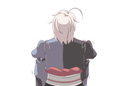 1boy ahoge from_behind grey_hair lozelia male_focus morichika_rinnosuke obi sash short_hair solo touhou white_background white_hair