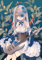 Rule 34 | 1girl, bad id, bad pixiv id, blue background, blue flower, braid, breasts, brown eyes, company name, cross-laced clothes, detached sleeves, dress, eyepatch, flower, frills, guitar, hair flower, hair ornament, hair over one eye, halo, instrument, laurelfalcon, long sleeves, medium breasts, official art, plant, sid story, silver hair, thorns, watermark