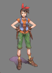 Rule 34 | 1girl, absurdres, blue eyes, blue vest, bow, brown footwear, brown hair, choker, closed mouth, dagger, full body, grandia, grandia iii, green shorts, grey background, hair bow, hands on own hips, highres, knife, legs apart, looking at viewer, miranda (grandia), non-web source, official art, one eye closed, orange shirt, ponytail, red bow, shadow, shirt, shoes, short hair, shorts, simple background, smile, socks, solo, standing, tachi-e, third-party source, vest, weapon, wrist cuffs, yellow socks, yoshinari you