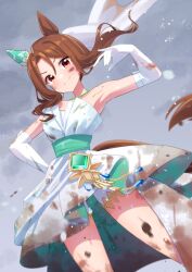 Rule 34 | 1girl, absurdres, animal ears, bare shoulders, brown hair, dirt, dress, dutch angle, ear covers, elbow gloves, freely2327, gloves, hand on own hip, highres, horse ears, horse girl, horse tail, jewelry, king halo (evergreen identity) (umamusume), king halo (umamusume), looking at viewer, necklace, official alternate costume, single ear cover, sleeveless, sleeveless dress, smile, solo, tail, umamusume, white dress, white gloves