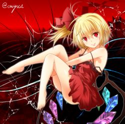 Rule 34 | 1girl, album cover, alternate costume, ass, bare arms, bare legs, barefoot, blonde hair, bow, cover, dress, flandre scarlet, full body, hair bow, hugging own legs, looking at viewer, off shoulder, plantar flexion, pointing, pointing at self, red eyes, short dress, side ponytail, smile, solo, strap slip, touhou, wings, yua (checkmate)