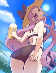 Rule 34 | 1girl, adjusting clothes, adjusting swimsuit, alcohol, ass, azumakuro, beer, beer mug, bikini, bow, cloud, cup, day, fate/stay night, fate (series), from behind, hat, hat bow, long hair, looking back, low-tied long hair, medusa (fate), medusa (rider) (fate), mug, purple eyes, purple hair, sky, solo, sun, sun hat, swimsuit, tankard, very long hair
