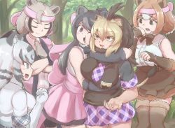Rule 34 | 5girls, animal ears, arm around back, arm around neck, back bow, barbary lion (kemono friends), bear ears, bergman&#039;s bear (kemono friends), black eyes, black hair, blonde hair, blue eyes, bow, bracelet, breasts, brown hair, cheek-to-cheek, cheek press, cheek squash, closed mouth, commentary request, crossed arms, day, dyed bangs, elbow gloves, empty eyes, extra ears, ezo brown bear (kemono friends), facing another, fist pump, fur bracelet, fur collar, furrowed brow, gloves, grey hair, hair between eyes, hand to own mouth, hand up, headband, heads together, highres, hug, jewelry, kemono friends, kemono friends 3, kodiak bear (kemono friends), large breasts, lion ears, long hair, looking at another, medium hair, miniskirt, multicolored hair, multiple girls, necktie, okyao, open mouth, outdoors, shirt, short sleeves, sidelocks, skirt, sleeveless, sleeveless shirt, smile, standing, sweater vest, tan, thighhighs, tiger ears, two-tone hair, unaligned breasts, v-shaped eyebrows, white tiger (kemono friends), yellow eyes