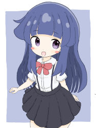 Rule 34 | 1girl, :d, absurdres, black skirt, blue background, blue hair, blush stickers, bow, collared shirt, commentary request, dress shirt, furude rika, highres, higurashi no naku koro ni, long hair, looking at viewer, open mouth, pleated skirt, purple eyes, red bow, rururu (pyrk8855), shirt, skirt, smile, solo, suspender skirt, suspenders, two-tone background, very long hair, white background, white shirt