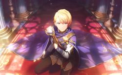 Rule 34 | 1boy, alternate hairstyle, arm at side, armor, black gloves, black pants, blonde hair, blue cloak, blurry, blurry background, carpet, cloak, collared jacket, colorful palette, column, dot nose, flower, from above, full body, glint, gloves, gold trim, hair between eyes, half gloves, hand on own chest, hand up, heart, heart print, highres, holding, holding sword, holding weapon, indoors, jacket, kaitou shinshi no harahara!? white day (project sekai), light, light particles, looking at viewer, male focus, official art, on one knee, orange eyes, palace, pants, pauldrons, pillar, project sekai, red carpet, rose, shade, shadow, shoulder armor, silver trim, single pauldron, smile, solo, sparkle print, sunlight, swept bangs, sword, tenma tsukasa, tsurime, weapon, white jacket, yellow flower, yellow rose