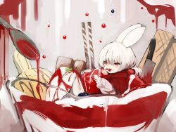 Rule 34 | 1girl, capelet, cheek bulge, eating, food, food on face, fruit, highres, holding, holding food, ice cream, in food, knife, mini person, minigirl, original, ponytail, rabbit ears, red capelet, red eyes, shirokujira, spoon, strawberry syrup, syrup, wafer, white hair