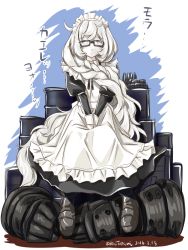 Rule 34 | 10s, 1girl, absurdly long hair, abyssal ship, alternate costume, blush, colored skin, commentary request, drum (container), enmaided, glasses, gloves, unworn gloves, hands on own knees, kantai collection, long hair, looking at viewer, maid, maid headdress, sitting, solo, supply depot princess, tatsumi ray, translation request, twitter username, very long hair, white eyes, white hair, white skin