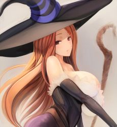 Rule 34 | 1girl, bad id, bad pixiv id, bare shoulders, breasts, brown eyes, brown hair, cleavage, detached sleeves, dragon&#039;s crown, hat, huge breasts, jajala, long hair, looking at viewer, raised eyebrows, red hair, see-through, signature, solo, sorceress (dragon&#039;s crown), staff, witch hat