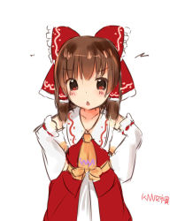 Rule 34 | 1girl, ascot, blush, bow, brown eyes, brown hair, character name, cookie (touhou), detached sleeves, hair bow, hair ribbon, hair tubes, hakurei reimu, kanna (cookie), looking at viewer, open mouth, ribbon, ribbon-trimmed sleeves, ribbon trim, ropu, simple background, solo, touhou, white background