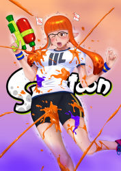 Rule 34 | 1girl, aged up, alternate breast size, bespectacled, bike shorts, blush, breasts, copyright name, fang, glasses, highres, inkling, inkling girl, inkling player character, large breasts, long hair, matching hair/eyes, miurajota, monster girl, nintendo, open mouth, orange eyes, orange hair, over-rim eyewear, paint splatter, pointy ears, semi-rimless eyewear, sexually suggestive, shirt, shoes, short hair with long locks, sidelocks, smile, sneakers, solo, splatoon (series), splatoon 1, splattershot (splatoon), suggestive fluid, super soaker, t-shirt, tentacle hair, trigger discipline, twintails, weapon, wristband