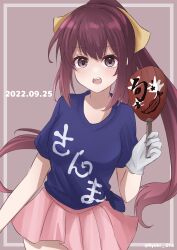 Rule 34 | 1girl, alternate costume, alternate hairstyle, blue shirt, bow, breasts, brown background, dated, hair bow, hand fan, highres, kamikaze (kancolle), kantai collection, long hair, looking at viewer, medium breasts, open mouth, paper fan, pink skirt, purple eyes, purple hair, ribbon, ryouki (ryoki 215), shirt, short sleeves, skirt, solo, yellow bow, yellow ribbon