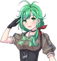Rule 34 | 1girl, antenna hair, black choker, black gloves, blush, bow, bowtie, breasts, choker, gloves, green bow, green bowtie, green eyes, green hair, hair ribbon, kantai collection, kurage1, long hair, matsu (kancolle), medium breasts, open mouth, red ribbon, ribbon, salute, short sleeves, simple background, solo, upper body, white background