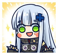 Rule 34 | 1girl, :d, black jacket, blunt bangs, blush stickers, chibi, chinese commentary, commentary request, cross, cross hair ornament, girls&#039; frontline, green eyes, grey hair, hair ornament, hands up, highres, hk416 (girls&#039; frontline), iron cross, jacket, long hair, looking at viewer, official art, open mouth, simple background, smile, solo, sparkle, spiked knuckles, su xiao jei, teardrop facial mark, upper body, very long hair, yellow background