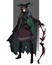 Rule 34 | 1girl, absurdres, alessa lucrasse, animal ears, antlers, antlers through headwear, arrow (projectile), black cape, bow (weapon), brown dress, brown gloves, brown hair, cape, closed mouth, distr, dress, ears through headwear, facial mark, full body, gloves, green cape, green eyes, highres, holding, holding bow (weapon), holding weapon, hood, hood up, hooded cape, horns, looking at viewer, original, quiver, solo, standing, two-sided cape, two-sided fabric, weapon