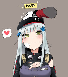 Rule 34 | 1girl, bandages, blue eyes, blue hair, blush, breasts, cleavage, girls&#039; frontline, gloves, green eyes, grey background, hair ornament, heart, highres, hk416 (girls&#039; frontline), jacket, junsuina fujunbutsu, looking at viewer, headpat, pov, simple background, smile, solo, spoken heart, torn clothes, white gloves
