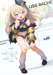 Rule 34 | 1girl, :3, :d, absurdres, anchor hat ornament, azur lane, bache (azur lane), bandaid, bandaid on knee, bandaid on leg, bare shoulders, black footwear, black hat, black sailor collar, black shirt, blonde hair, blush, bottle, breasts, character name, chinese commentary, collar, commentary request, crop top, cutoffs, denim, denim shorts, destroyer, dutch angle, fang, finger to eye, fishnet thighhighs, fishnets, full body, fur-trimmed jacket, fur trim, hair between eyes, hat, hat ornament, highres, holding, holding bottle, jacket, long hair, looking at viewer, loose socks, micro shorts, military, military vehicle, navel, neckerchief, off shoulder, open clothes, open mouth, open shorts, pink collar, purple eyes, sailor collar, sailor hat, shadow, ship, shirt, shoes, shorts, sidelocks, single thighhigh, skindentation, sleeveless, small breasts, smile, socks, solo, sparkle, standing, thighhighs, two side up, very long hair, warship, watercraft, yellow jacket, yellow neckerchief, youyueyuee, zoom layer