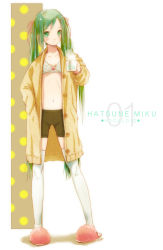 Rule 34 | 1girl, bike shorts, black shorts, blush, bra, breasts, character name, closed mouth, coffee mug, copyright name, cup, full body, green eyes, green hair, hair ornament, hair ribbon, hairclip, hand in pocket, hatsune miku, highres, holding mug, kowiru, legs apart, long hair, long sleeves, looking at viewer, mug, navel, pigeon-toed, pink footwear, pink ribbon, polka dot, ribbon, shorts, signature, slippers, small breasts, smile, solo, standing, steam, stomach, tareme, thighhighs, twintails, unbuttoned, underwear, very long hair, vocaloid, white bra, white thighhighs