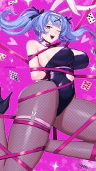 Rule 34 | 1girl, animal ears, arms behind back, bare shoulders, black leotard, black ribbon, blue eyes, blue hair, bound, bow, bowtie, breasts, card, clothing cutout, club (shape), cutout above navel, detached collar, ear piercing, fake animal ears, fishnet pantyhose, fishnets, hair ornament, hair ribbon, hairband, hatsune miku, heart, heart-shaped pupils, heart cutout, heart in mouth, high heels, highleg, highleg leotard, highres, large breasts, leotard, long hair, looking at viewer, necktie, noxcuro, o-ring, o-ring thigh strap, one eye closed, open mouth, pantyhose, piercing, pink background, pink bow, pink bowtie, pink hair, pink hairband, pink necktie, pink pupils, pink ribbon, playboy bunny, playing card, rabbit ears, rabbit hair ornament, rabbit hole (vocaloid), restrained, ribbon, solo, spade (shape), spaghetti strap, symbol-shaped pupils, teardrop facial mark, thigh strap, tied up (nonsexual), twintails, vocaloid, x hair ornament
