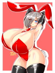 Rule 34 | 10s, 1girl, 2016, animal ears, arm behind head, armpits, ayazumi flutter, bare shoulders, black gloves, black thighhighs, blue eyes, border, breasts, cleavage, dated, elbow gloves, fake animal ears, female focus, gigantic breasts, gloves, grey hair, hair ornament, hair over one eye, hamakaze (kancolle), kantai collection, leotard, necktie, outside border, playboy bunny, plump, rabbit ears, rabbit tail, red theme, short hair, simple background, solo, standing, tail, thick thighs, thighhighs, thighs, white border