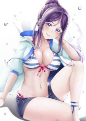 Rule 34 | 1girl, absurdres, akaisu, ankle ribbon, bikini, blue hair, blue pants, blush, breasts, cleavage, earrings, eyeshadow, female focus, hair intakes, halterneck, hand in own hair, hand on face, head tilt, highres, jacket, jewelry, large breasts, leg ribbon, long hair, looking at viewer, love live!, love live! sunshine!!, makeup, matsuura kanan, navel, open clothes, open jacket, pants, parted bangs, parted lips, ponytail, purple eyes, ribbon, short shorts, shorts, side-tie bikini bottom, sidelocks, sitting, smile, solo, stomach, striped bikini, striped clothes, swimsuit, white background