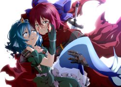 Rule 34 | 2girls, armor, black gloves, blood, blood on face, blue eyes, blue hair, bow, bwell, cape, crying, fins, gloves, hair bow, hand on another&#039;s face, head fins, knight, mermaid, monster girl, multiple girls, open mouth, red eyes, red hair, sekibanki, smile, tiara, touhou, wakasagihime, yuri, yuru