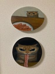 Rule 34 | :3, animal, animal focus, bacon, black background, cat, commentary, food, food in mouth, grey background, highres, karin hosono, looking at viewer, mouth hold, no humans, orange cat, orange fur, original, painting (medium), photo (medium), plate, realistic, sad, sequential, simple background, table, traditional media, whiskers, wooden table