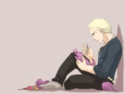 Rule 34 | 1boy, alligator, atlus, black eyes, blonde hair, crocodilian, delinquent, ear piercing, earrings, highres, jewelry, jolly roger, long sleeves, male focus, nazgullow, pants, persona, persona 4, piercing, pink theme, profile, scar, serious, sewing, short hair, sitting, skull and crossbones, solo, tatsumi kanji, yarn, yarn ball