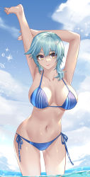 Rule 34 | 1girl, absurdres, armpits, arms up, bare arms, bare shoulders, bikini, blue bikini, blue hair, blue sky, breasts, cloud, collarbone, commentary request, cowboy shot, day, eula (genshin impact), genshin impact, groin, hair between eyes, hair ornament, highres, large breasts, linreplica, looking at viewer, medium hair, navel, open clothes, outdoors, red lips, shirt, side-tie bikini bottom, sky, smile, solo, standing, stomach, swimsuit, thighs, wading, water, yellow eyes