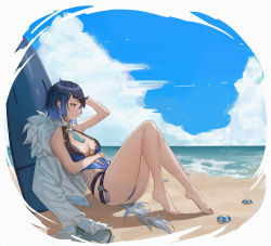 Rule 34 | 1girl, absurdres, bare arms, bare legs, bare shoulders, beach, black hair, blue hair, blue one-piece swimsuit, blue sky, breasts, casual one-piece swimsuit, cleavage, cloud, day, full body, genshin impact, gradient hair, green eyes, hand in own hair, highres, leaning back, medium breasts, multicolored hair, ocean, oh kyoung hwan, one-piece swimsuit, outdoors, parted lips, short hair, sitting, sky, solo, summer, swimsuit, yelan (genshin impact)