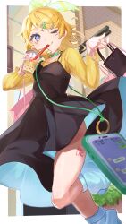 Rule 34 | 1girl, absurdres, black dress, blonde hair, blue eyes, blue socks, blurry, blurry background, bow, bubble tea, cellphone, choker, clover hair ornament, dress, from below, green choker, hair bow, hair ornament, hands up, highres, inubangarou, kagamine rin, long sleeves, looking at viewer, loose socks, medium dress, one eye closed, phone, project sekai, shirt, shopping, smartphone, socks, solo, standing, standing on one leg, swept bangs, thighs, two-sided dress, two-sided fabric, vocaloid, walking, yellow shirt