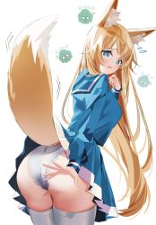 Rule 34 | 1girl, @ @, amagami kon, animal ear fluff, animal ears, ass, blonde hair, blue eyes, blue skirt, blush, broccoli, commentary request, conconcon1031, cowboy shot, embarrassed, flying sweatdrops, fox ears, fox girl, fox tail, from behind, hand up, highres, lifted by self, long hair, long sleeves, looking at viewer, miniskirt, open mouth, original, outstretched arm, panties, pleated skirt, school uniform, serafuku, signature, simple background, skirt, tail, tearing up, thighhighs, underwear, very long hair, white background, white panties, white thighhighs