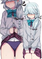 Rule 34 | 1girl, ahoge, blue neckwear, blush, bow, bowtie, braid, cardigan, closed mouth, clothes lift, dress, dress lift, hair over eyes, hair ribbon, hamanami (kancolle), highres, kantai collection, kumadano, lifting own clothes, long hair, long sleeves, multi-tied hair, multiple views, nose blush, open mouth, panties, purple panties, ribbon, school uniform, silver hair, simple background, single braid, sweat, underwear, white background, yellow eyes