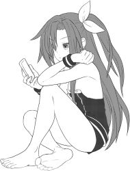 Rule 34 | 1girl, bare legs, bare shoulders, barefoot, choujigen game neptune, elbow on knee, feet, female focus, flat chest, greyscale, if (neptunia), looking at phone, monochrome, neptune (series), one side up, phone, short shorts, shorts, simple background, sitting, soles, solo, strapless, up (mmmmmmmmss), white background, wristband