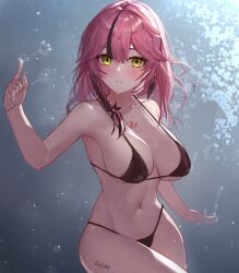 Rule 34 | 1girl, arm up, armpits, backlighting, bare arms, bare shoulders, bikini, black bikini, braid, breasts, cleavage, collarbone, cowboy shot, do2mi doreimi, green eyes, hair down, halterneck, highres, index finger raised, lan (tower of fantasy), large breasts, long hair, looking at viewer, multicolored hair, navel, parted lips, pink hair, skindentation, solo, stomach, strap gap, streaked hair, string bikini, swimsuit, thighs, tower of fantasy